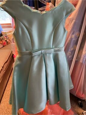 Aqua Satin Bow-Accent Girls' Pageant interview, Cocktail , Party Dress